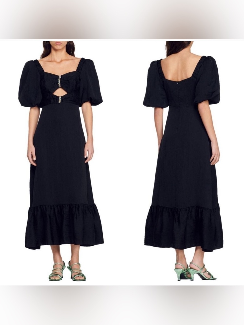 Sandro Black Midi Dress with Puff Sleeves and gem detail